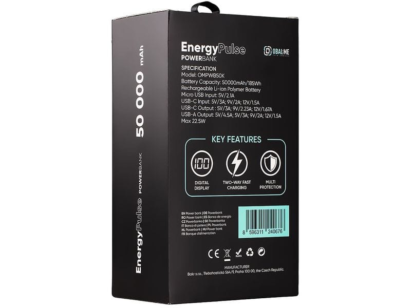 Baterie externa EnergyPulse Powerbank 50000mAh, 22,5W, negru.