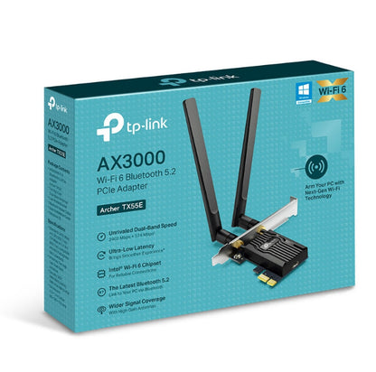 PLACA RETEA TP-LINK AX3000, intern wireless 2.4 GHz | 5 GHz, PCI-E, port, 3000 Mbps, antena externa x 2, "Archer TX55E"