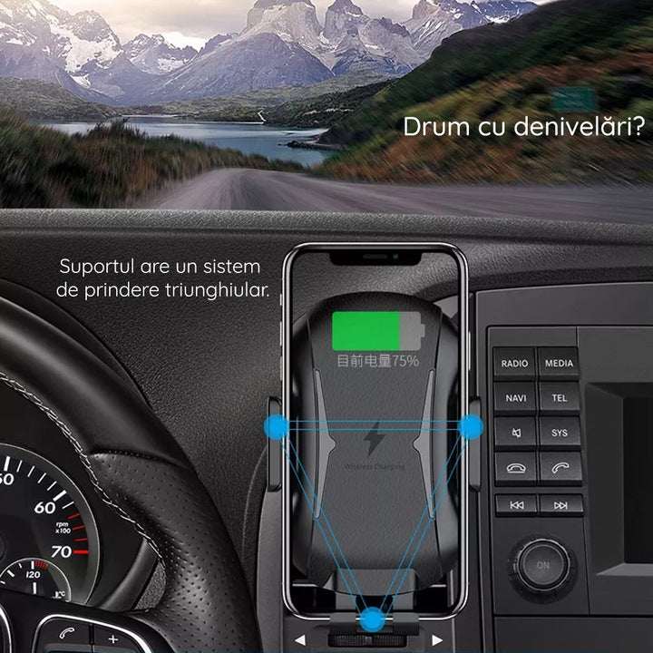 Suport pentru masina premium Techsuit cu incarcare wireless, 10 W pentru bord, parbriz, aerisire, Negru