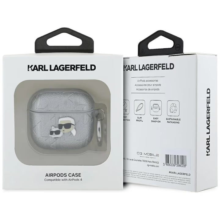 Husa Karl Lagerfeld Monogram Karl & Choupette Head, argintiu, pentru Apple AirPods 3