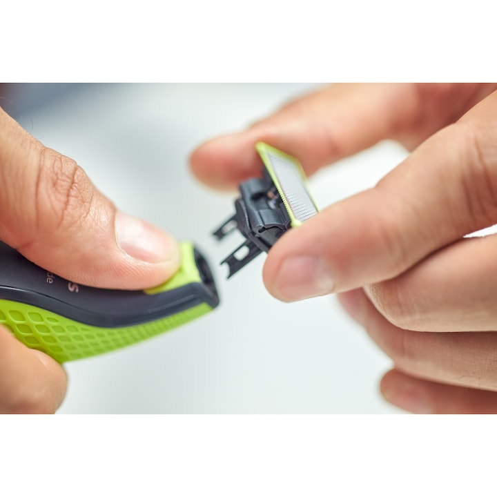 Rezerva PHILIPS OneBlade QP250/50, otel inoxidabil, umed si uscat, kit 5 lame, pentru orice model PHILIPS OneBlade si OneBladePro, Verde