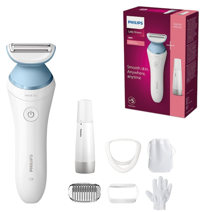 RESIGILAT: Aparat de ras Philips Lady Shaver Series 8000, umed și uscat, set cu 5 accesorii, metalic