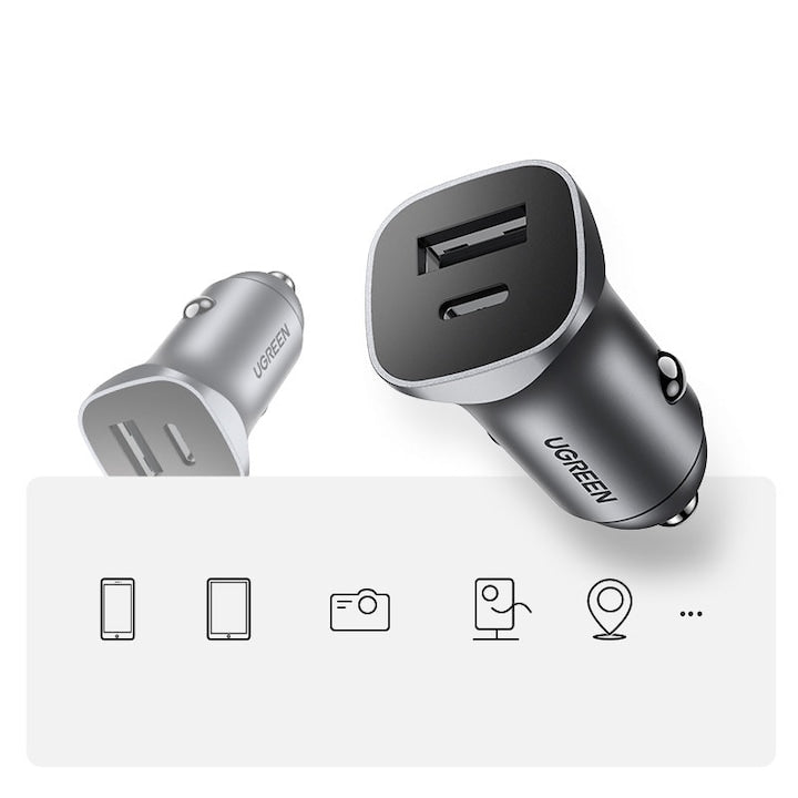 Incarcator auto Ugreen USB tip C, USB, 24W, Incarcare rapida pana la 2 dispozitive simultan, Gri