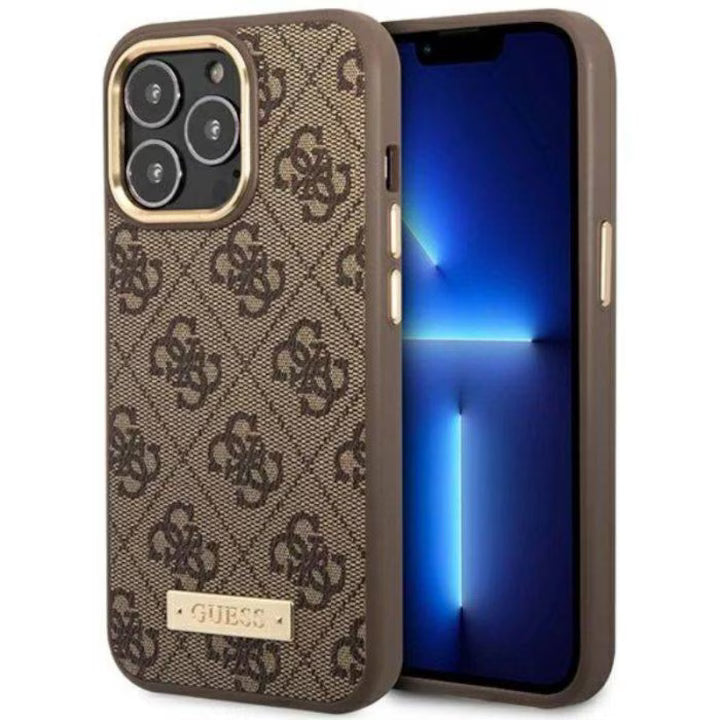 Husa Guess 4G Logo Plate MagSafe compatibila cu iPhone 14 Pro Maro