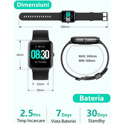 Ceas SmartWatch ProFit VeryFitPro, Apelare prin Bluetooth, Incarcare magnetica, Ritm Cardiac, Monitorizare somn, Control muzica, Notificari, Moduri sport, Alarma, Rezistent la apa, Curea Silicon, Negru