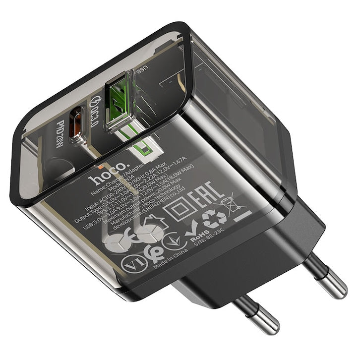 Priza Incarcare, Hoco N34, Port Type-C + USB, Incarcare rapida PD20W si QC 3.0, Negru