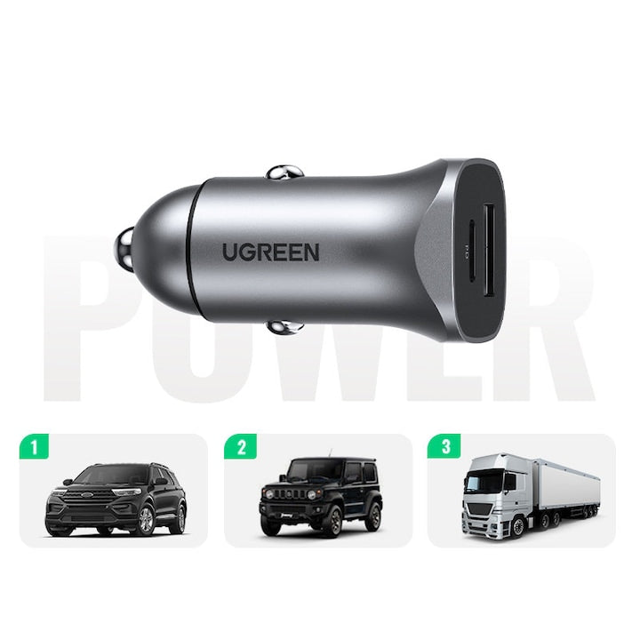 Incarcator auto Ugreen USB tip C, USB, 24W, Incarcare rapida pana la 2 dispozitive simultan, Gri