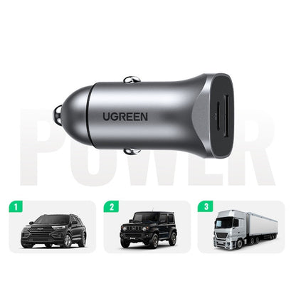 Incarcator auto Ugreen USB tip C, USB, 24W, Incarcare rapida pana la 2 dispozitive simultan, Gri