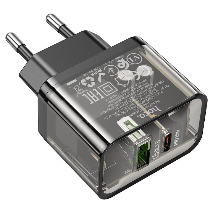 Priza Incarcare, Hoco N34, Port Type-C + USB, Incarcare rapida PD20W si QC 3.0, Negru