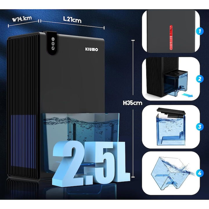 Dezumidificator Kiumo CT9, (30 m²) 2,5 l, Cu oprire automata, 7 culori, negru