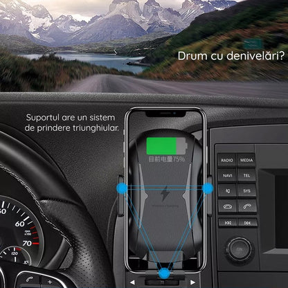 Suport pentru masina premium Techsuit cu incarcare wireless, 10 W pentru bord, parbriz, aerisire, Negru