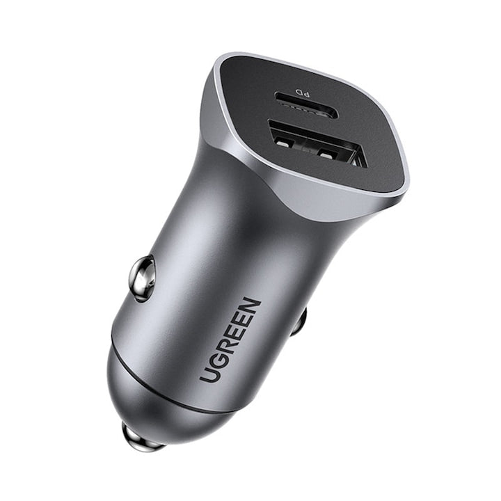 Incarcator auto Ugreen USB tip C, USB, 24W, Incarcare rapida pana la 2 dispozitive simultan, Gri