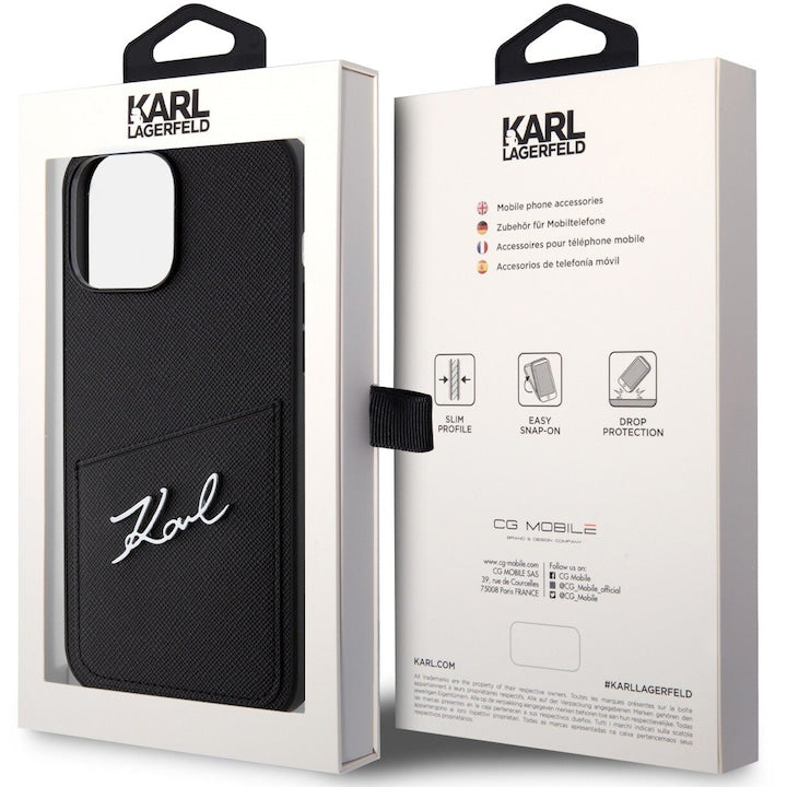 Husa Karl Lagerfeld Saffiano Card Slot Metal Signature pentru iPhone 14 Pro Max, Negru
