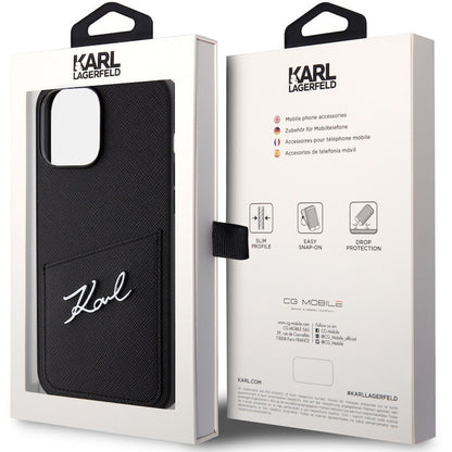 Husa Karl Lagerfeld Saffiano Card Slot Metal Signature pentru iPhone 14 Pro Max, Negru
