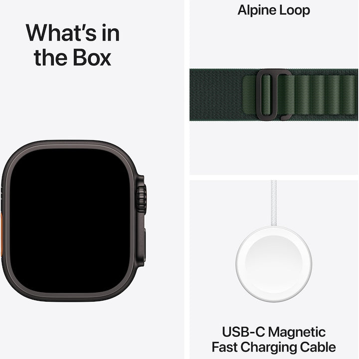 Apple Watch Ultra 3, GPS, Cellular, Carcasa Black Titanium 49mm, Dark Green Alpine Loop - Medium/Large