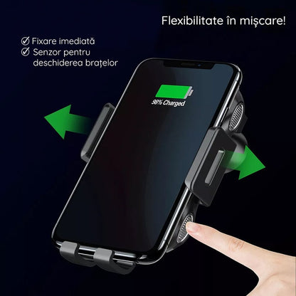 Suport pentru masina premium Techsuit cu incarcare wireless, 10 W pentru bord, parbriz, aerisire, Negru