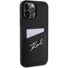 Husa Karl Lagerfeld Saffiano Card Slot Metal Signature pentru iPhone 14 Pro Max, Negru