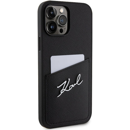 Husa Karl Lagerfeld Saffiano Card Slot Metal Signature pentru iPhone 14 Pro Max, Negru