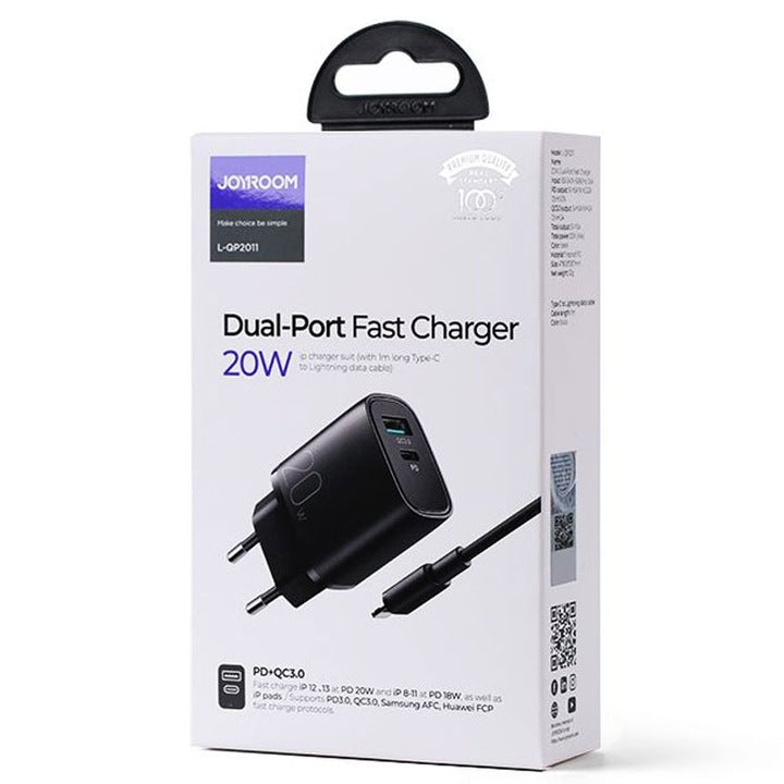 Incarcator Joyroom + cablu Lightning, 20 W, 1xUSB-C, 1xUSB-A, PD, QC 3.0, NEGRU