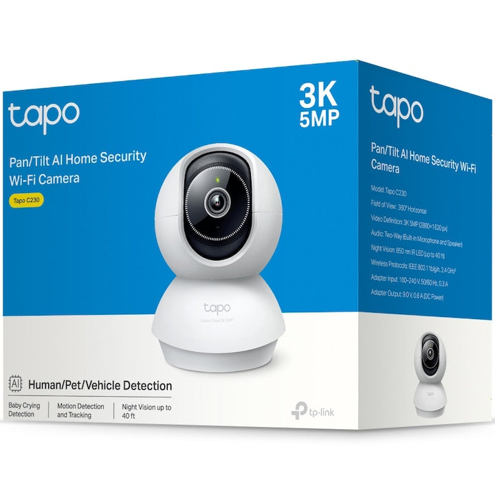 Camera de supraveghere Smart TP-Link Tapo C230 cu Pan/Tilt 360 grade, 5MP, 3K, 2880x1620, Utilizare Baby Monitor, Wireless, Night Vision, Detectare Smart AI, Two-Way Audio, Alarma sonora si luminoasa, Control Vocal, ONVIF