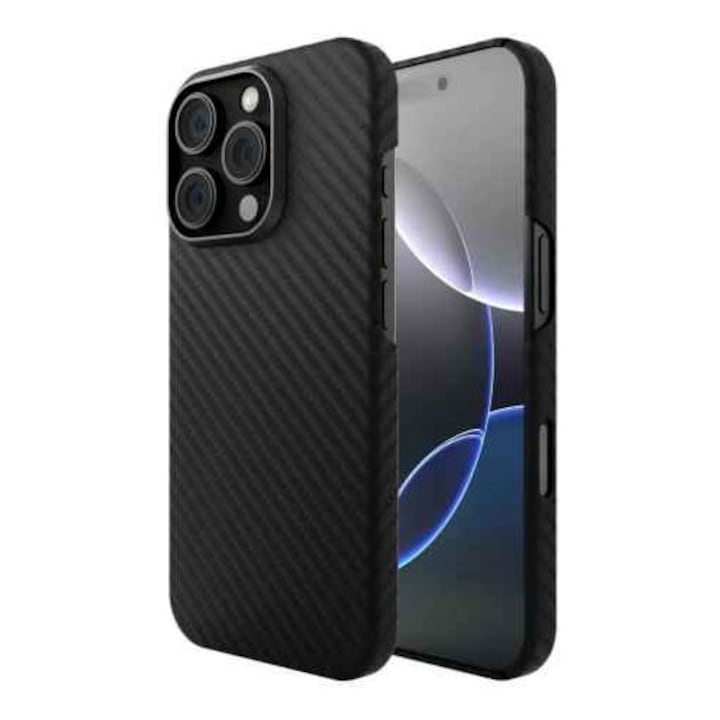 Husa Magsafe Vetter Clip-On, Aramid Fiber, Hybrid Kevlar pentru iPhone 16 Pro Max, Negru cu Gri