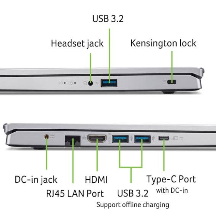 Laptop Acer Aspire 3 15 | A315-44P | AMD Ryzen 5 5500U | 16GB RAM | SSD 512GB | Windows 11 Home INCLUS | Argintiu