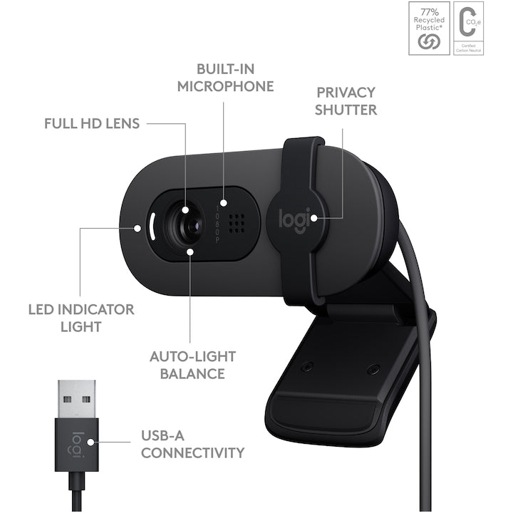 Camera Web Logitech Brio 100, Full HD, Graphite