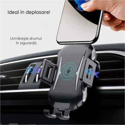 Suport pentru masina premium Techsuit cu incarcare wireless, 10 W pentru bord, parbriz, aerisire, Negru