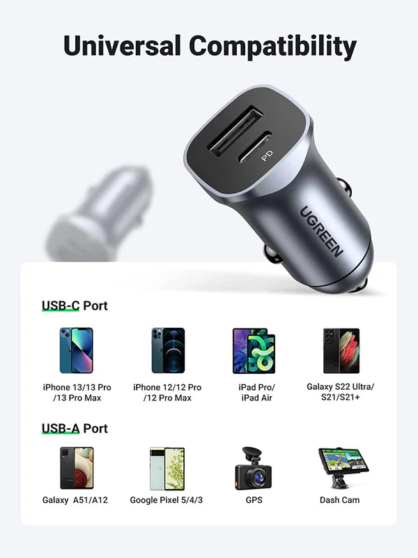 Incarcator auto Ugreen USB tip C, USB, 24W, Incarcare rapida pana la 2 dispozitive simultan, Gri
