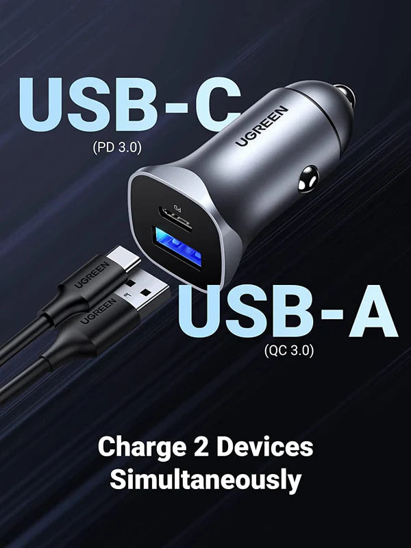Incarcator auto Ugreen USB tip C, USB, 24W, Incarcare rapida pana la 2 dispozitive simultan, Gri