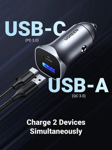 Incarcator auto Ugreen USB tip C, USB, 24W, Incarcare rapida pana la 2 dispozitive simultan, Gri
