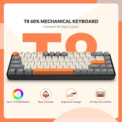 Tastatura Mecanică Compactă ZIYOULANG T8 60%, 68 Taste, RGB, Brown Switch, USB-C.